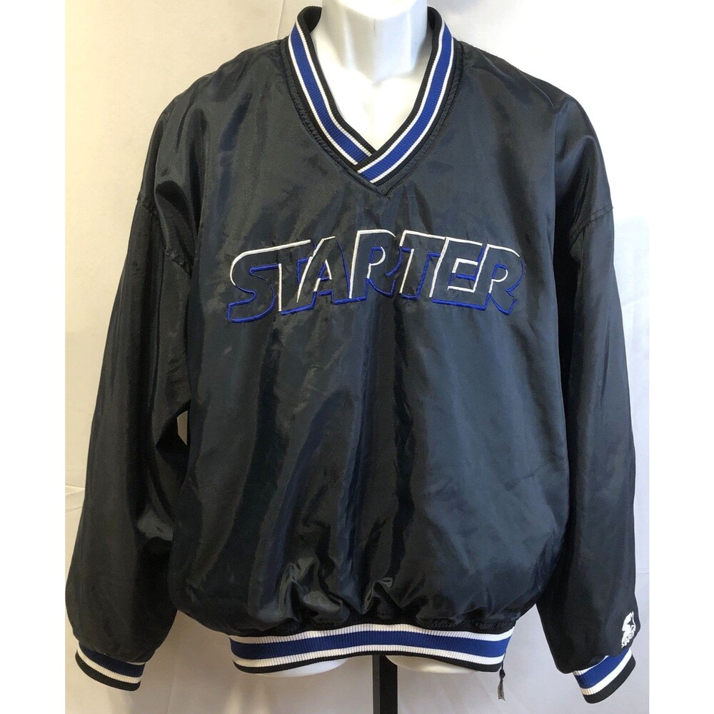 Vtg Starter Windbreaker Jacket L Blk LongSleeve Pullover Lined Pockets Sporty